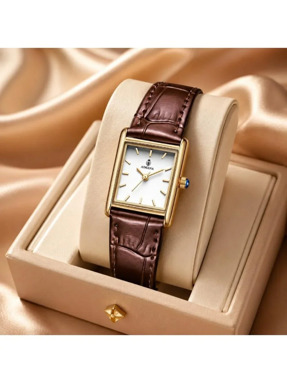 Women's Gold Case Brown Rectangle Vintage Leather Strap  Quartz Movement Watch